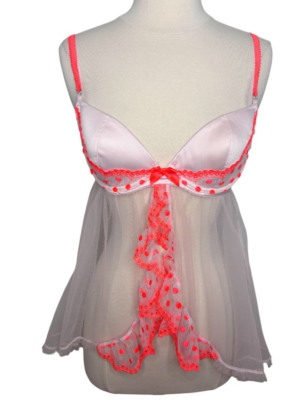Victoria's Secret Coral Neon Pink Satin Mesh Ruffles Babydoll Lingerie 36B